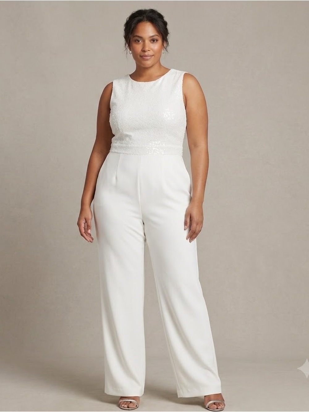 Tahari White Sequin Bodice Formal Jumpsuit Sleeveless Wide Leg Bridal size16 NWT